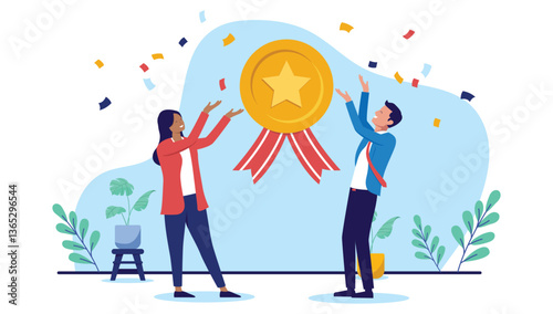 Business winners - Two businesspeople celebrating winning and earning medal badge emblem for being great at work. Excellence and quality concept in flat design vector illustration on white background