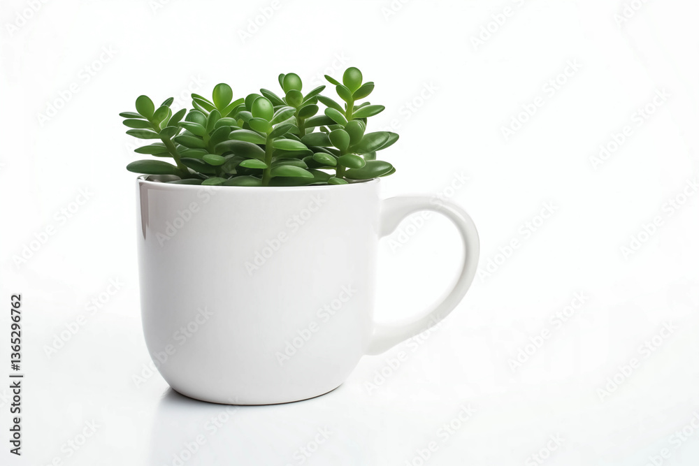A small succulent plant placed in a plain white ceramic cup with clean background and minimalist style. A small succulent plant placed in a plain white ceramic cup with clean background and minimalist style.