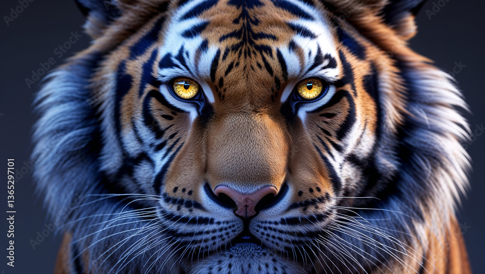 Naklejka premium Powerful Bengal tiger closeup portrait with piercing eyes detailed orange and black striped fur majestic big cat wildlife predator nature jungle animal
