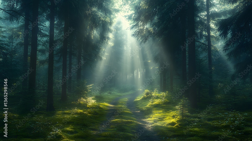 Naklejka premium Mystical forest pathway reveals ethereal light beams piercing morning mist among ancient evergreens. Moss-covered ground and winding trail create an enchanted scene with dramatic cinematic lighting