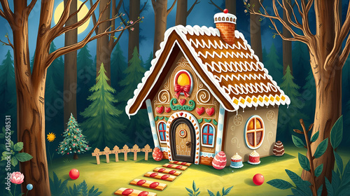 Gingerbread house of sweets in the forest from the fairy tale Hansel and Gretel children illustration painting art background