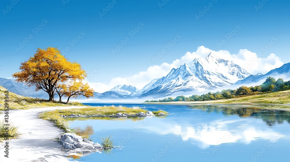 Fototapeta premium Serene Mountain Landscape with Vibrant Trees and Calm Water Reflecting Blue Sky