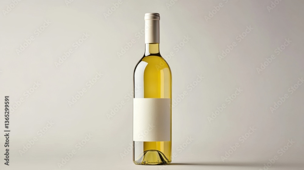 A single bottle of white wine with a clean, simple label, standing against a neutral light gray background. A single bottle of white wine with a clean, simple label, standing against a neutral light gray background.