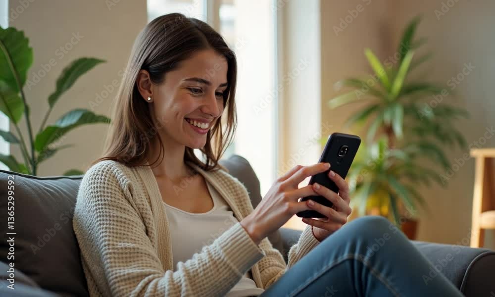 Happy Young Woman Relaxing on Sofa While Shopping Online or Texting