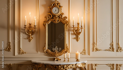 Ornate Gold Mirror and Candlelight Illuminating a Classic Interior Setting