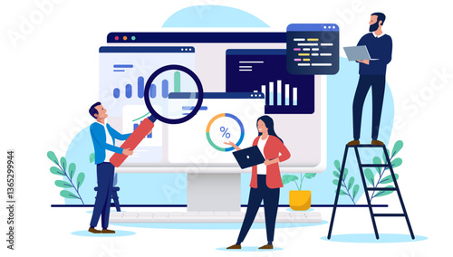 People analysing data - Team of businesspeople looking at charts, graphs and diagrams on computer screen, reading business or company results information. Flat design vector illustration