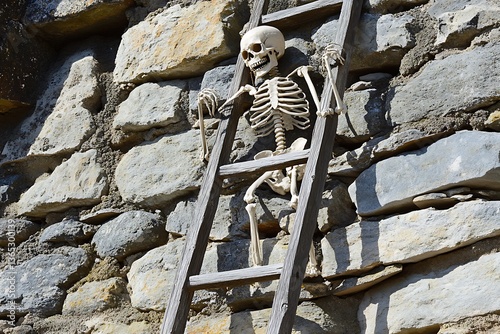 skeleton climbing a ladder