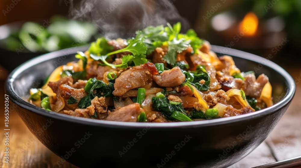 A steaming bowl of Pad See Ew, stir-fried flat rice noodles with vegetables and tender slices of pork, garnished with fresh cilantro. A steaming bowl of Pad See Ew, stir-fried flat rice noodles with vegetables and tender slices of pork, garnished with fresh cilantro.