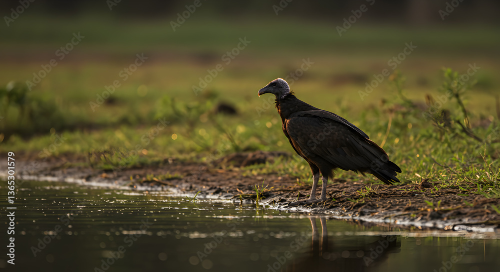 Fototapeta premium Palmnut vulture standing elegantly at the water's edge in a serene environment