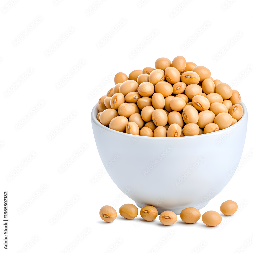 Top view White bowl of soybeans, isolated on white background Top view White bowl of soybeans, isolated on white background