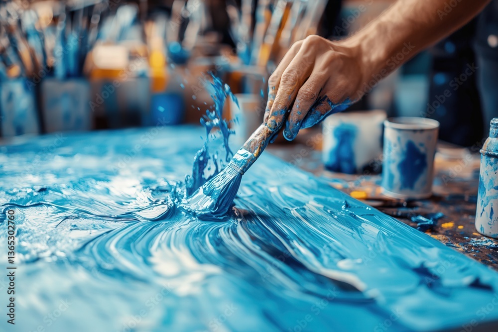 Fototapeta premium Hand painting with a brush on a blue abstract canvas, blending vibrant shades.