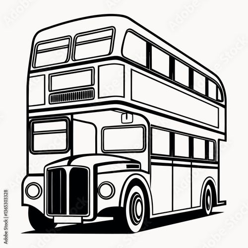 A black and white illustration of a vintage double decker bus. 