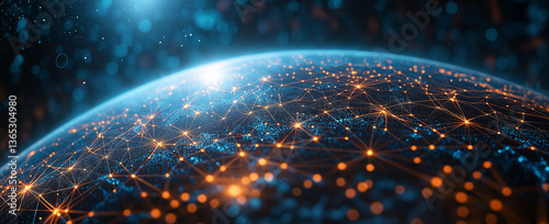 Abstract Digital Network with Glowing Blue Planet Earth on Dark Background