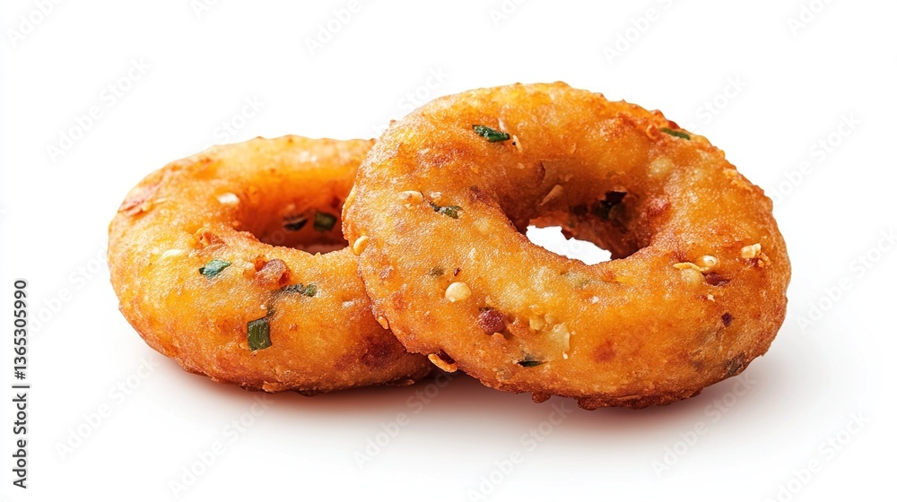 Two golden-brown fried onion rings isolated on white. Two golden-brown fried onion rings isolated on white.