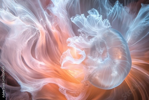 A translucent jellyfish dances amidst ethereal currents of light, creating a mesmerizing and otherworldly underwater scene filled with warmth and grace.