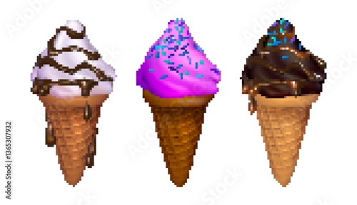 Pixel colorful set of ice cream in waffle cones isolated on white background. Pixelated three  ice cream cones with chocolate sauce and sprinkles