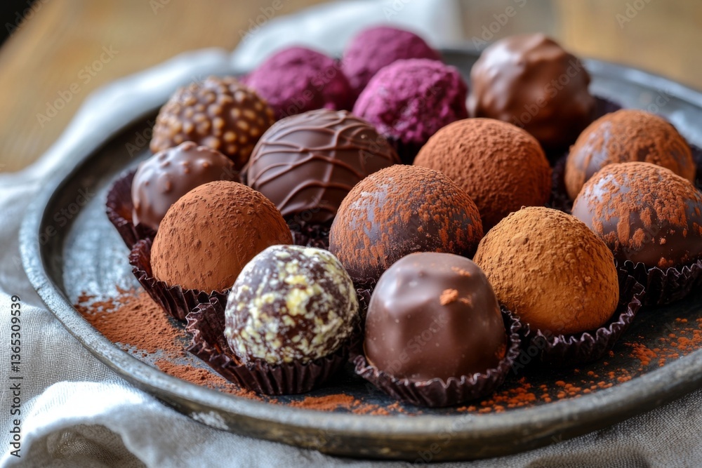 Assorted gourmet chocolate truffles in various textures and flavors are elegantly displayed on a dark plate, inviting sweet indulgence Generative AI Assorted gourmet chocolate truffles in various textures and flavors are elegantly displayed on a dark plate, inviting sweet indulgence Generative AI