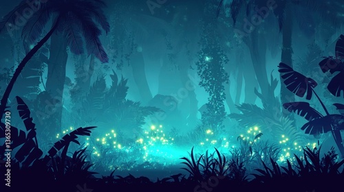 Digital Rainforest with Bioluminescent Plants A dense jungle filled with glowing exotic plants, mist rising from the ground, and mysterious creatures lurking