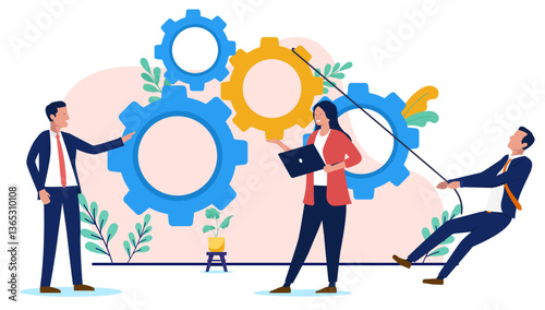 Business machine keep the wheels turning - Group of businesspeople working with cogwheels keeping process and project going together. Flat design vector illustration on white background