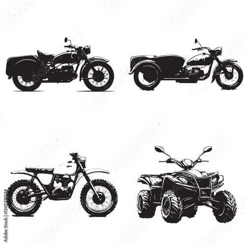 set of four pictures motorcycle, ATV, vector, black, white, graphics
