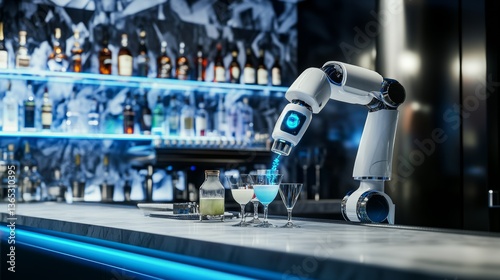 A futuristic AI driven robotic bartender preparing customized cocktails for customers at a high tech bar, Hospitality technology style, photo of