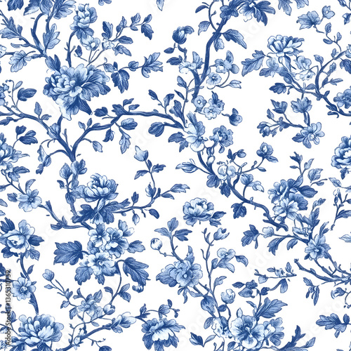 Blue and white french floral seamless pattern on a white background