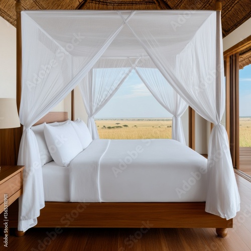 Exotic safari lodge suite with a four-poster bed, mosquito net drapes, and panoramic savanna views