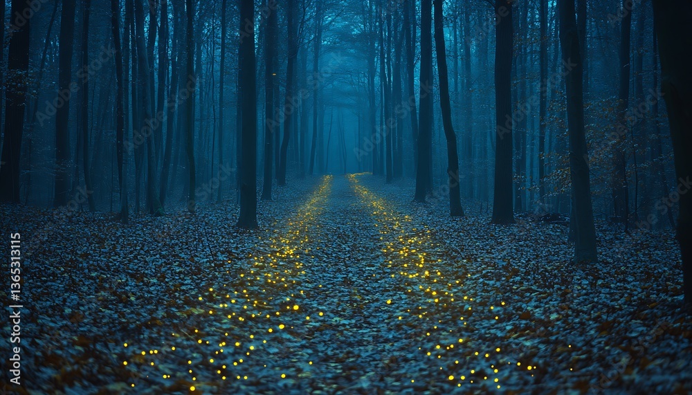 Fototapeta premium A foggy forest path illuminated by small glowing particles at night