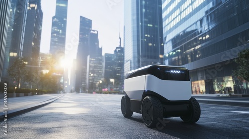 A futuristic AI powered autonomous delivery system transporting goods across a bustling cityscape with optimized routes for speed and efficiency, Urban logistics style, photo of