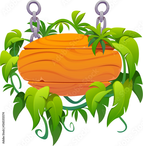 Wooden sign board with tropical jungle liana. Cartoon vector hanging oval sign adorned with lush green vines and foliage, suspended by metal chains. Tropical frame or border made of wood log planks