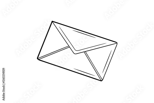 Outlined drawing of a classic envelope, slightly opened. The simple line art suggests the act of receiving or sending a message, invitation, isolated on a transparent background