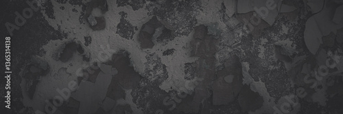 Obraz na płótnie Dark wide panoramic background. Peeling paint on a concrete wall. Faded dark texture of old cracked flaking paint. Weathered rough painted surface with patterns of cracks. Shaded background for design w salonie