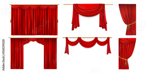 Theater stage red curtains. Realistic 3d vector set of luxurious closed, draped and tied back drapery with gold rods and tassels. Fabric for stage performance, cinema, opera and dramatic presentations