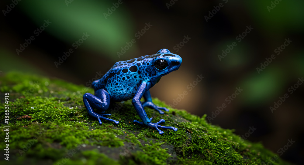 Obraz premium Vibrant blue poison dart frog perched on mossy rock in lush rainforest habitat
