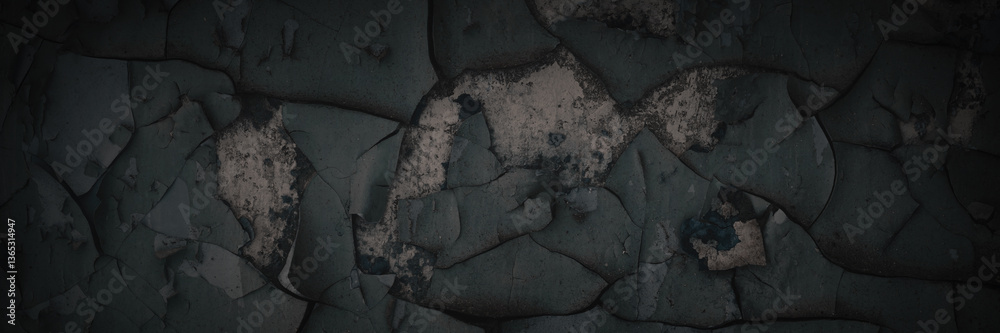 Dark wide panoramic background. Peeling paint on a concrete wall. Dark grunge texture of old cracked flaking paint. Weathered rough painted surface. Patterns of cracks. Darkness background for design.