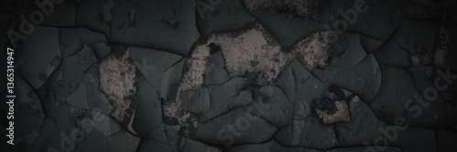 Obraz na płótnie Dark wide panoramic background. Peeling paint on a concrete wall. Dark grunge texture of old cracked flaking paint. Weathered rough painted surface. Patterns of cracks. Darkness background for design. w salonie