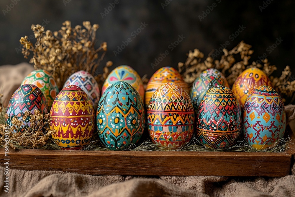 A photo of an Easter egg decorated with colorful patterns. Generative AI