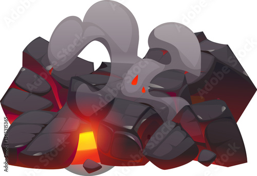 Fire flames on coal, fireplace charcoal, burn ember coal piece and ash. Cartoon vector cooling pile of volcanic lava rocks with remnants of glowing embers at the core, curling smoke and fading heat