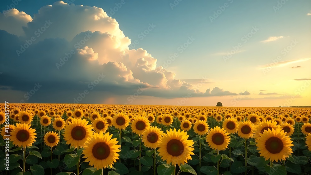 Obraz premium Sunflowers sunset field golden hour vibrant nature