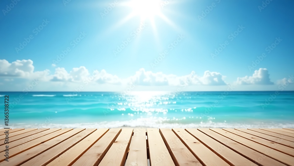 Fototapeta premium Sunny beach turquoise water wooden dock bright day