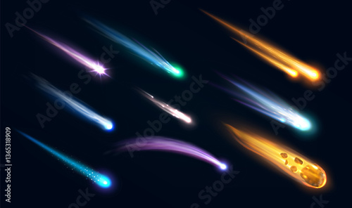 Realistic galaxy space meteors, comets and asteroids with flame trails. 3d vector falling fiery meteorites, shooting stars, cosmic fireballs streaking the night starry sky with colorful glowing tails