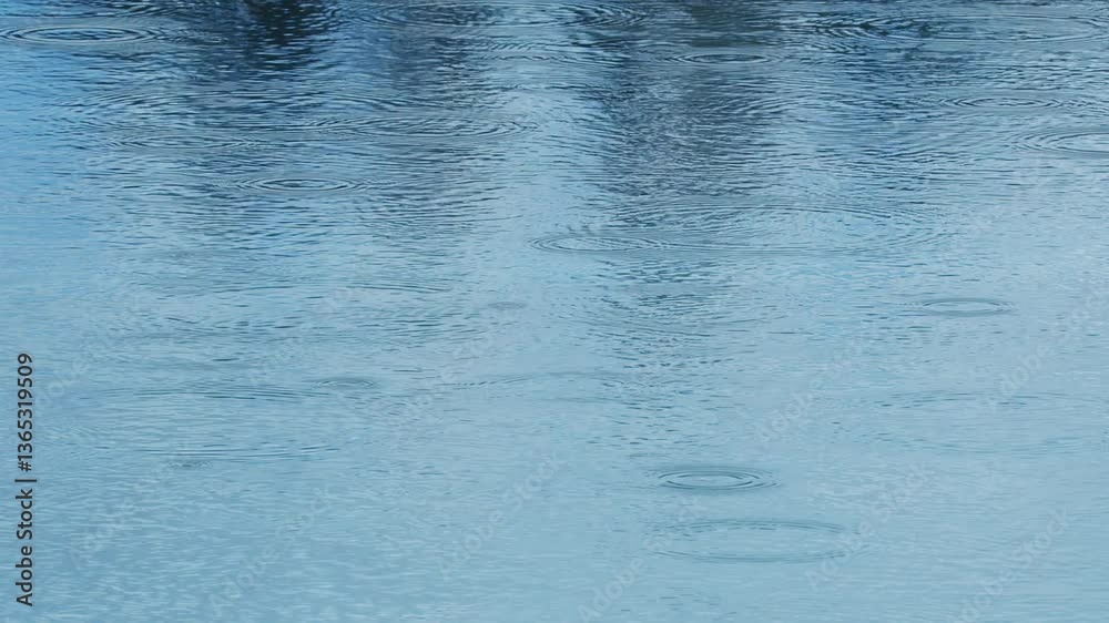 Raindrops falling on the smooth surface of the pool. Slow motion Mid shot view.