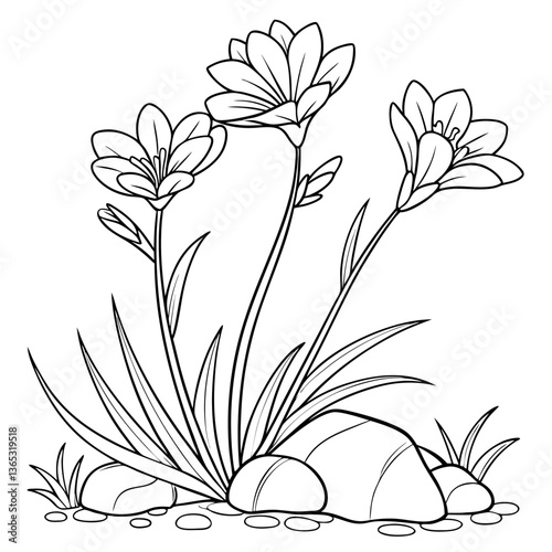 An elegant line drawing of two flowers growing side.
