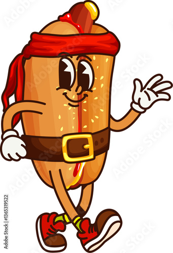 Cartoon groovy hotdog fast food pirate and corsair character. Vector funny hot dog wears red bandana and retro hippie sneakers. Junk meal y2k sailor personage, fastfood dish swashbuckling filibuster