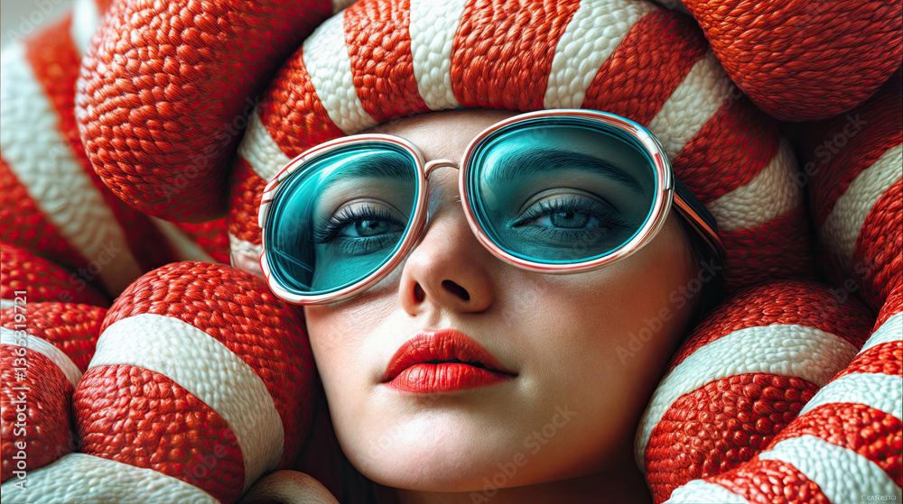 A woman with vibrant, bold red and white striped headwear, accessorized with striking teal-tinted sunglasses.