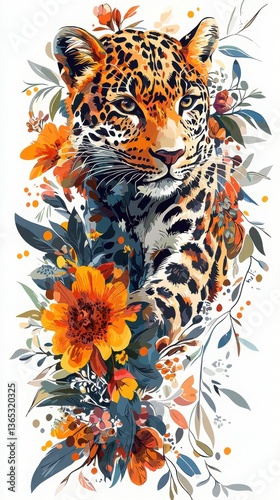A stunning portrait of a leopard, surrounded by vibrant orange and green flowers. Its spotted coat is beautifully detailed