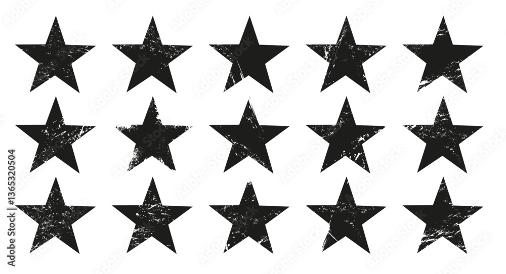 Grunge stars, vector set of black five pointed stars with a distressed, grunge texture and worn out effect. Isolated monochrome twinkle icons with rough, edgy look, vintage, retro, or urban aesthetic