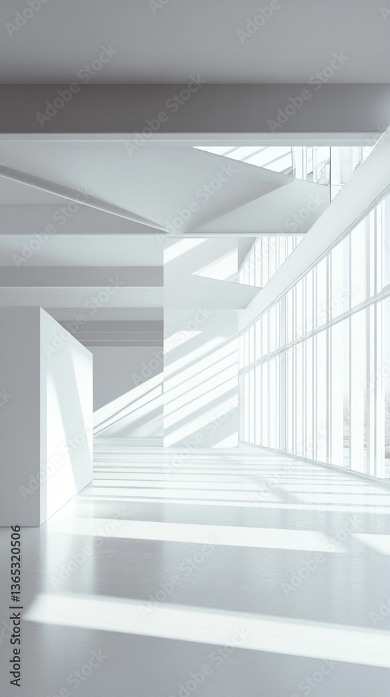Minimalist white architectural interior with geometric light and shadow patterns creating a striking spatial composition through clean lines and large windows Minimalist white architectural interior with geometric light and shadow patterns creating a striking spatial composition through clean lines and large windows