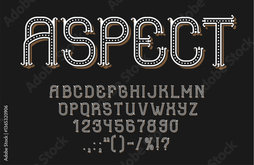 Retro fancy dotted font, whiskey label, carnival elegant type, vintage english alphabet. Vector typography retro circus dotted font letters and numbers. Vintage carnival or funfair serif typeface abc