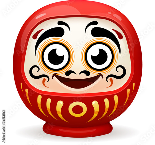 Red Daruma Japanese doll with cheerful smiling face, large expressive eyes, and intricate golden details. symbol of perseverance, good luck, and goal setting, used in spiritual and cultural traditions